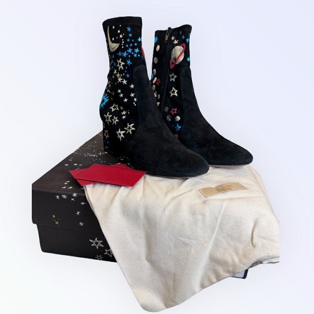 Valentino Astro Couture Galaxy Foil Print Suede Ankle Boots 37.5